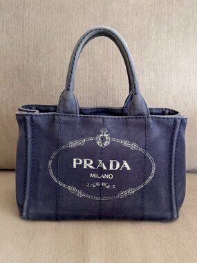 Prada Canapa Mini Tote Navy Blue 💙 Canvas Logo Bag Authentic